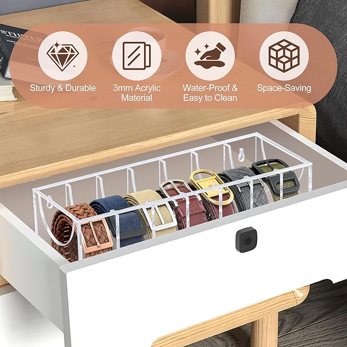 Belt Organizer, Acrylic Belt Storage Organizer for Closet with Dust Cover and Drawer,7 Compartments Transparent Display Case for Belts