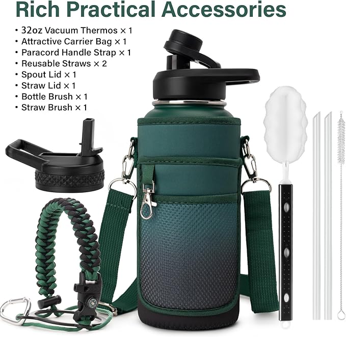 Insulated Water Bottle | Thickened Stainless Steel Vacuum Metal | Portable Sports Water Jug for Gym and Hiking with Straw, Carrier Bag, Handle Strap | BPA-Free 32 oz