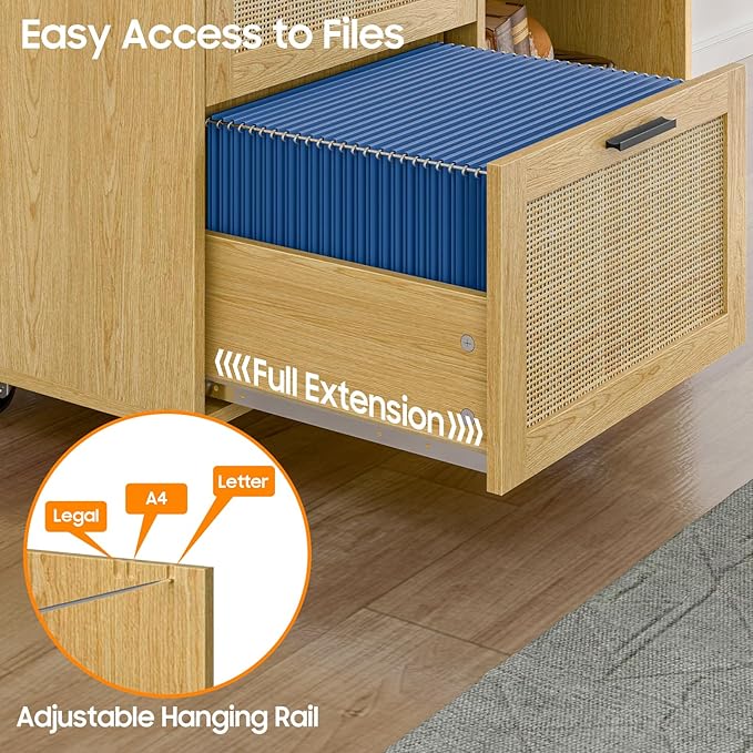 Rattan File Cabinets, 3 Drawer Lateral Filing Organization Storage Cabinets with Lock, Rolling Printer Stand Home Office Organizer for Hanging Files Letter/Legal/A4 Size, Oak