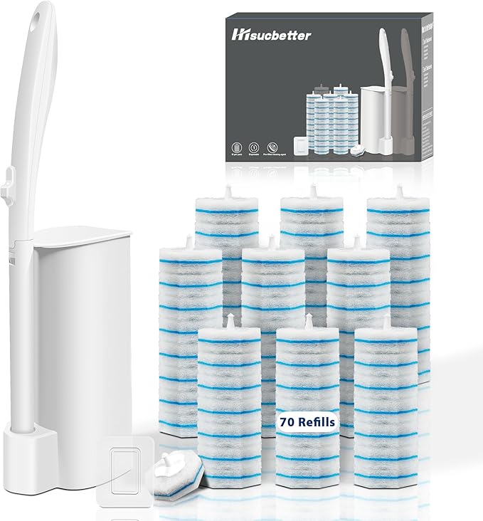 Disposable Toilet Brush and Holder Set, Toilet Bowl Wand Starter kit-1 Toilet Brush Wand, 1 Storage Caddy&70 Pre-Filled Cleaning Refills for deep Cleaning Toilet, Mess-Free Bathroom Cleaning Tool.