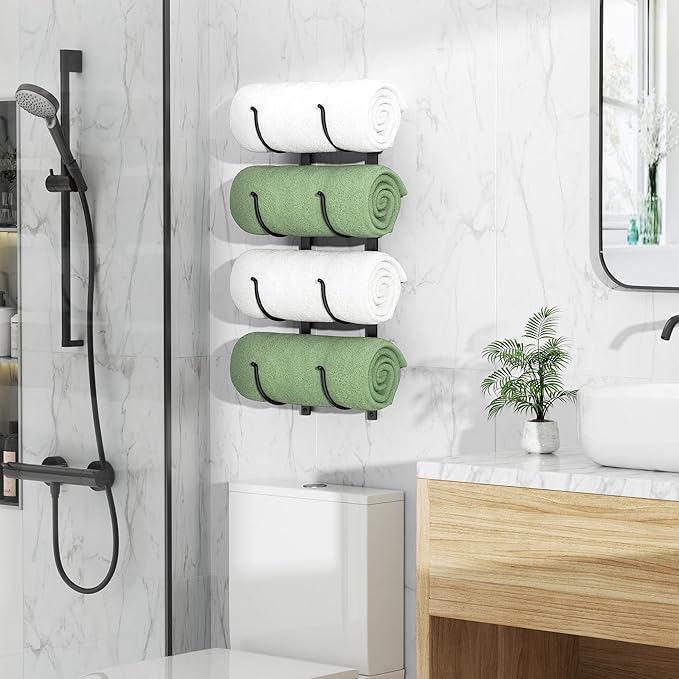 Rolled Towel Rack for Bathroom– 4-Tier Rolled Towel Storage Holder,Metal Organizer for Towels & Large Bath Sheets, Space Saving Rack for Small Bathroom, RV, Camper, Closet, Black Metal