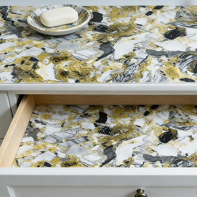 Drawer and Shelf Liner - Yellow Black Marble Pattern,Non Adhesive Non Slip Waterproof Easy-Clean Liner for Kitchen Cabinet, Refrigerator, Bathroom, Pantry Storage Drawers, 12 in x 20 Ft