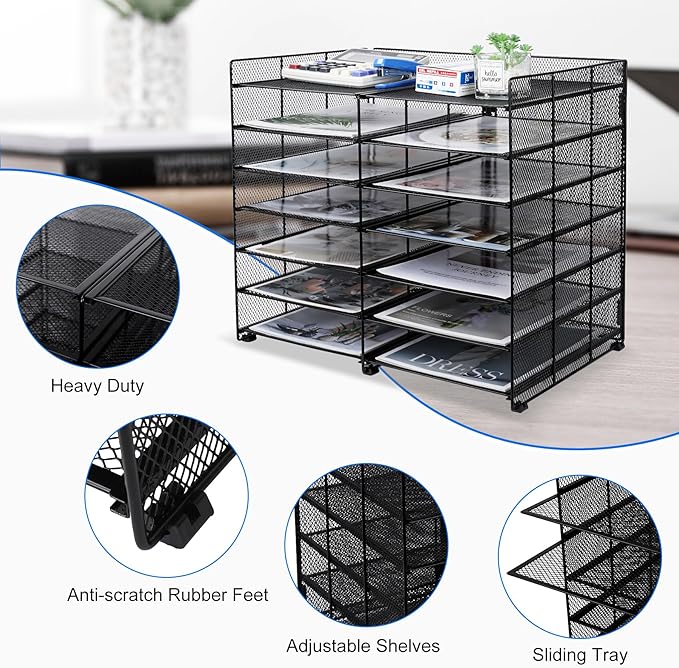 TQVAI 7-Tier Desk Paper Organizer, 12 Slots Mesh Countertop File Mail Organizer, Adjustable Sliding Shelves, Desktop Mailbox Cubbies for Office, Classroom, Black
