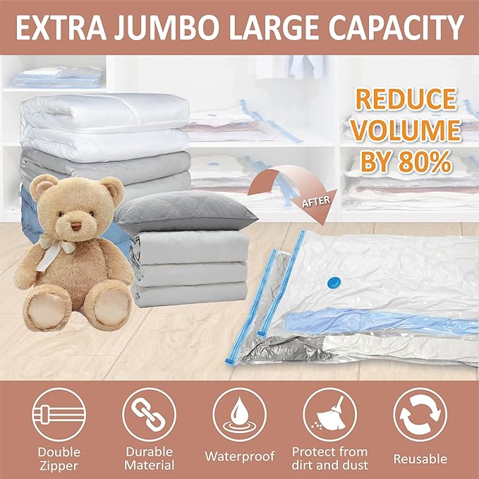 Cozy Essential 8 Pack XXL Jumbo Vacuum Storage Bags, Extra Large Vacuum Seal Bags for Comforters, Bedding, Blanket Storage, Giant Space Saver Bags for Huge Stuffed Toy(47.2x35 in)