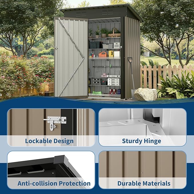 GarveeLife 5x3 FT Outdoor Storage Shed, Tool Shed with Sloping Roof and Lockable Door, Compact Metal Tool Garden Shed for Garden, Backyard, Patio (Brown)