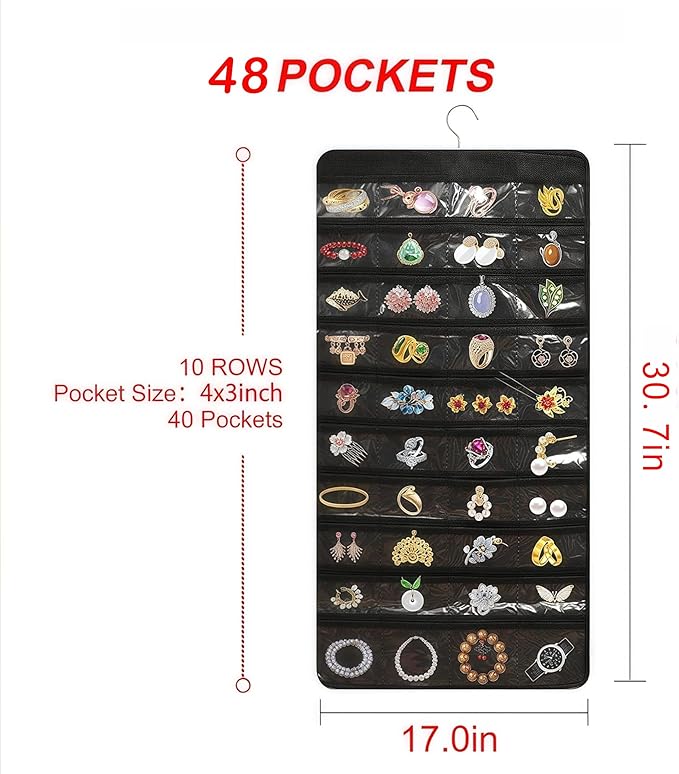 Hanging Jewelry Organizer, Double-Sided 48 Pockets, Closet & Hook Jewelry Storage, for Earrings, Necklaces, Bracelets, Rings & Pendants, Necklace Holder/Hanging Earring Organizer, White