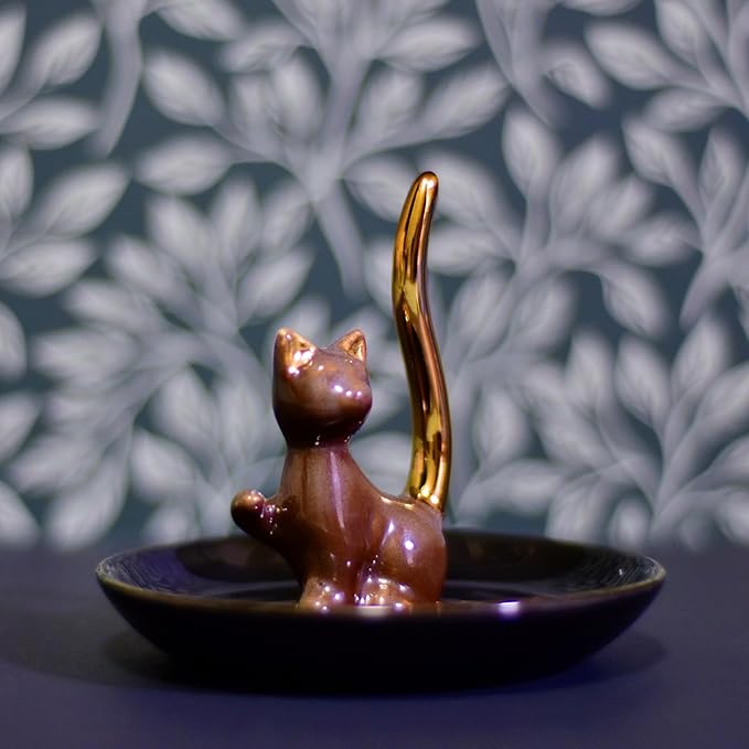 Brown Glazed Plated Gold Ceramic Elegant Engagement Wedding Cat Ring Trinket Dish