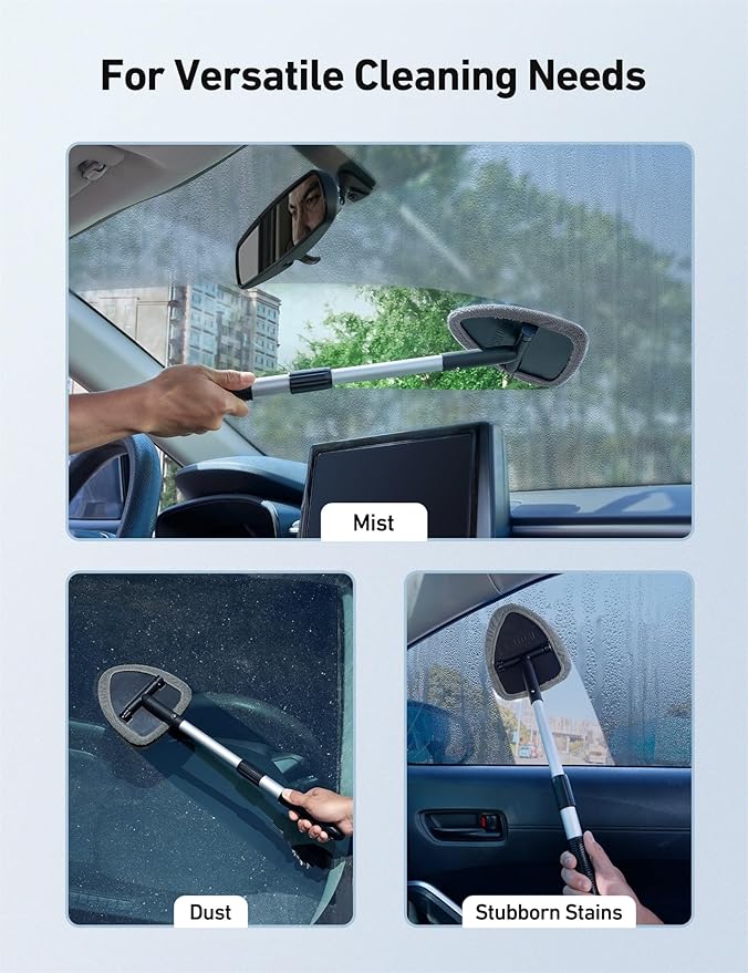 AstroAI Windshield Cleaner Tool, Car Interior Window Detailing Cleaning Kit with Extendable Handle and 4 Easy-to-Install Reusable Microfiber Pads, Auto Glass Wiper Brush Kit for Car&Home, Gray, 21in