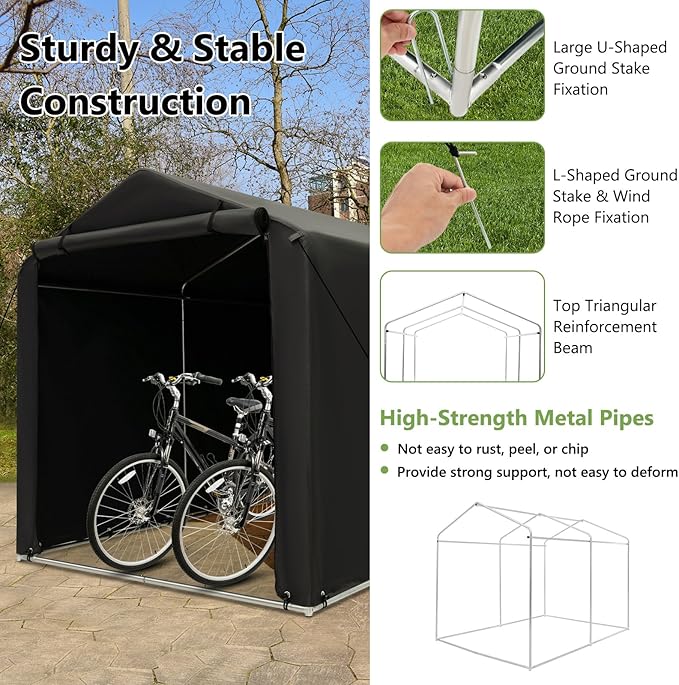 Goplus Portable Storage Shed, 7 x 5.2 x 5.4 Ft Heavy Duty Motorcycle Shed w/Roll-Up Zipper Door, Metal Frame, Waterproof Cover & Wind Rope, Outdoor Storage Tent Shelter for Bike, Garden Tools