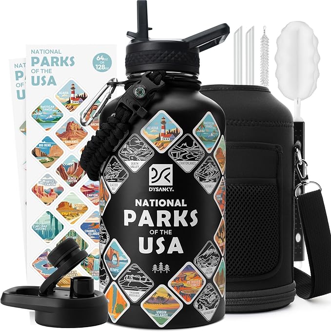 National Parks Water Bottle – 64 oz Insulated Stainless Steel Bottle with 63 Hand-Drawn Park Stickers, Carrier Bag, Strap & Gift Box – BPA-Free – Ideal for Hiking, Camping & Travel