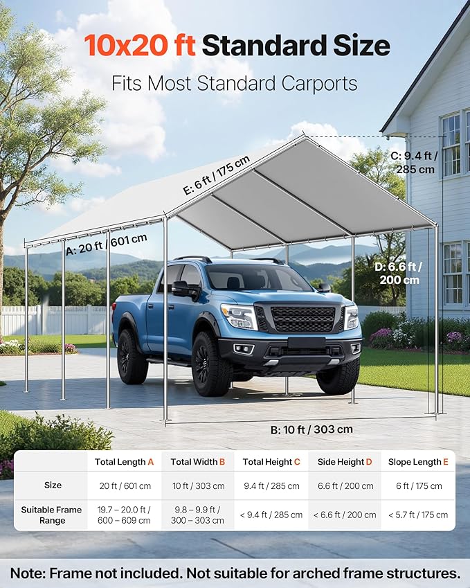 VEVOR Carport Replacement Canopy Cover, 10 x 20 ft Potable Garage Tent Top Tarp, UV-Resistant & Waterproof Car Shelter Tarp, Heavy Duty Car Port Cover with Ball Buggees, Grey, Frame Not Included