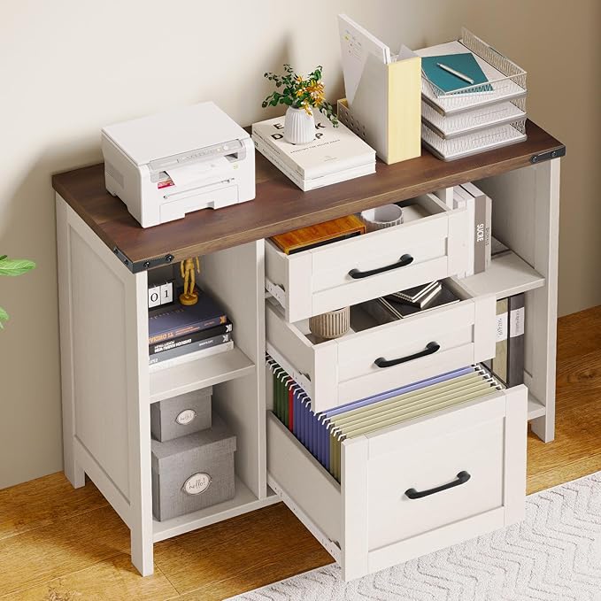 3 Drawer File Cabinet, Farmhouse Lateral Filing Cabinet Fits File Letter or A4 Size, Wooden Printer Stand with Open Storage Adjustable Shelf for Home Office, White
