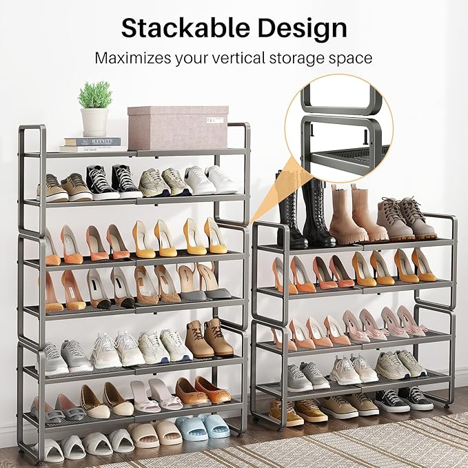 Shoe Rack - Expandable Shoe Organizer for Closet, Adjustable Metal Shoe Shelf Storage, Stackable Long Shoe Stand Holder for Garage, Entryway, Door Entrance (Grey, 4-Tier)