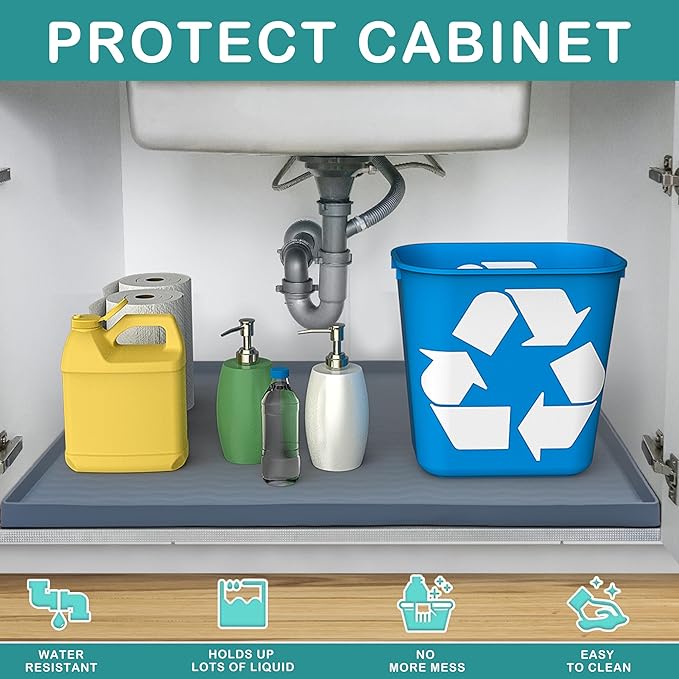 URMONA Waterproof Silicone Under Sink Mat 22'' x 22'' Shelf Liner for Kitchen and Bathroom, Cabinet and Counter Protector, Storage and Organizers, Litter Mat, Pet Cat Puppy Essentials(Dark Grey)