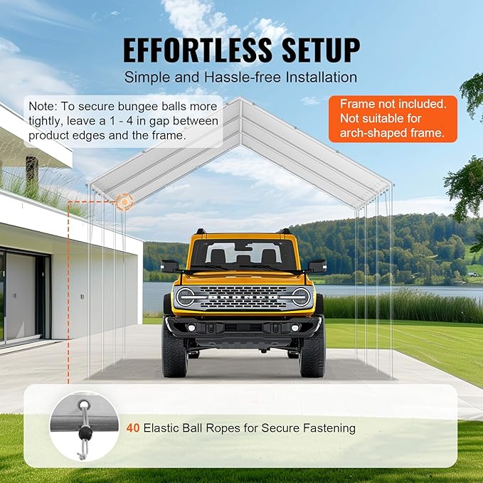 VEVOR 10x20' Canopy Replacement Cover Heavy Duty, Carport Garage Top Tent Shelter Tarp Waterproof & UV Protected, Easy Installation with 40 Free Ball Bungeess(Only Cover, Frame Not Include)