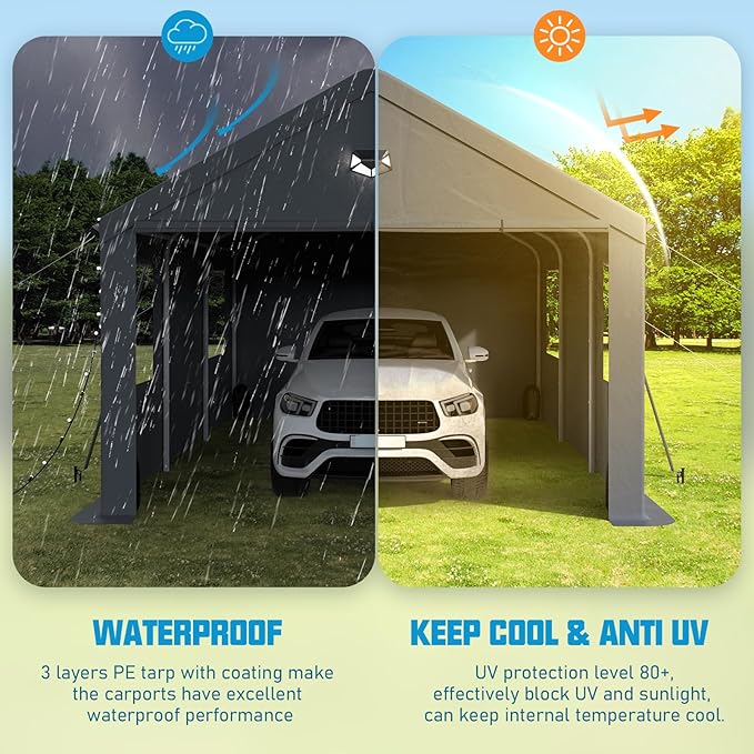 Carports Canopy 10x20 Heavy Duty, Portable Car Port Garage with Roll Up Drive Through Doors, Grey