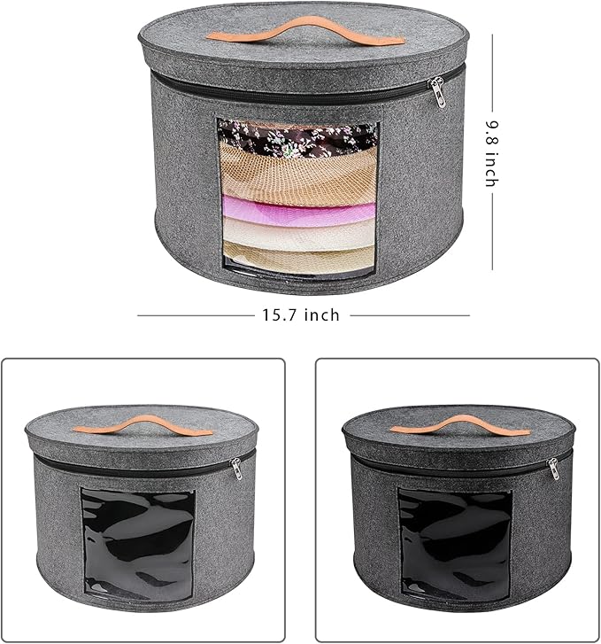 Large Hat Storage Box for Women & Men, 16" D x 10" H Hat Box Organizer，Foldable Round Travel Hat Boxes with Dustproof Lid, Stuffed Toy Storage Bin Bag (Medium Gray)
