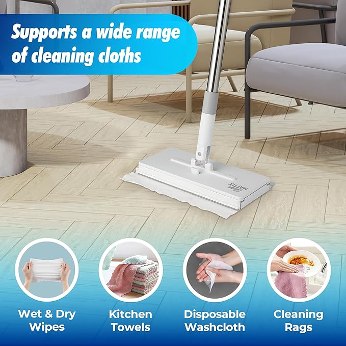 FlexiClamp Sweep & Mop Kit - Compatible with Swiffer Pads, Durable Cleaning Tool for Hardwood, Tile, Marble & Laminate Floors, Home, Kitchen Cleaning Essentials. (Include 10 Dry Cloths)
