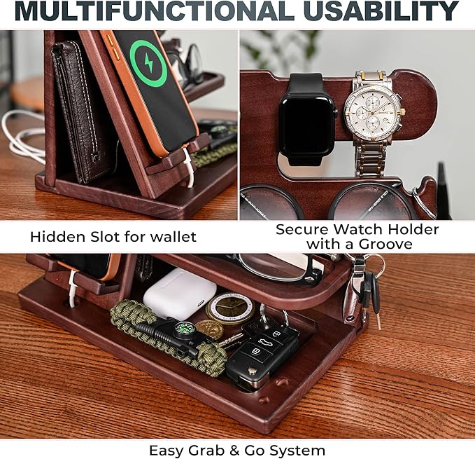 TESLYAR Wood Phone Docking Station for Men - Desk or Nightstand Organizer - Birthday Gifts for Husband, Dad - Anniversary Idea from Wife - Key Holder, Stand Wallet, Watch & Essentials (Mahogany)