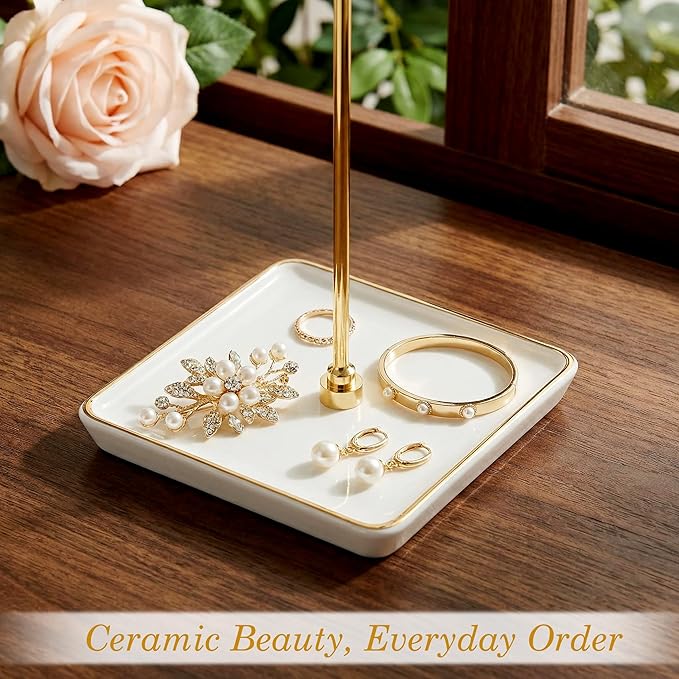 Jewelry Holder Stand with Ceramic Base: 12" Tall Necklace Organizer Rack, Tree Design Display Storage for Necklaces, Bracelets, Rings, Earrings, Aesthetic Vintage Room Décor (Gold)