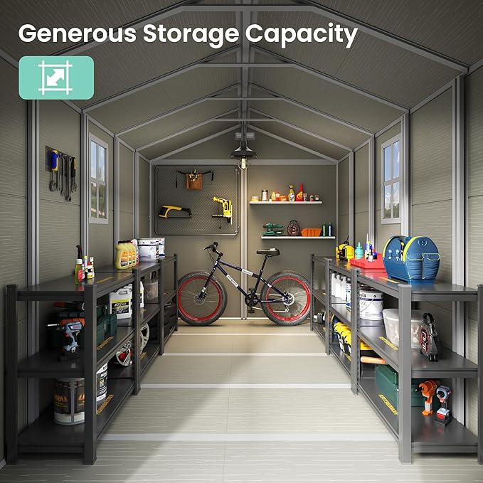 UDPATIO Outdoor Storage Shed 7.5x10.7 FT, Plastic Sheds & Resin Outside Storage for Trash Can, Bike, Lawnmower, Generator, Tool Shed with Lockable Door for Backyard, Lawn, Patio, Sandstone