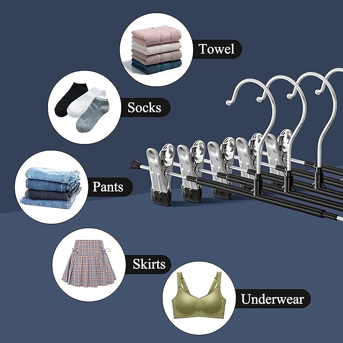 Pants Hangers with Clips for Women 20 Pack Adjustable Heavy Duty Space Saving Skirt Hangers Non-Slip Trousers, Jeans Clothes ,Shorts Black,12Inch
