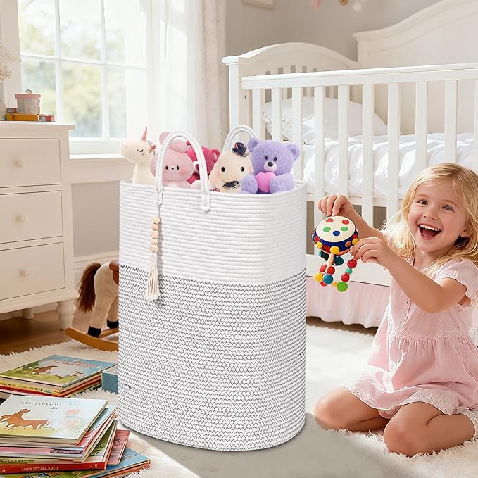 Woven Laundry Basket for Clothes, 100 L Large Rectangle Laundry Hampers with Beads Tassel, Nursery Storage Basket for Toys, Tall Dirty Clothes Hamper for Bedroom Aesthetic, Laundry Room Organization