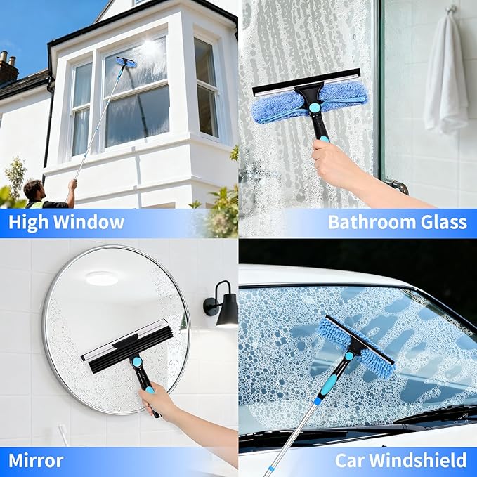 12.2FT/3.7M Window Cleaning Tools, Professional 2 in 1 Window Cleaner Tool Kit, 2 in 1 Extendable Squeegee Window Cleaner for high Windows, Car, Glass