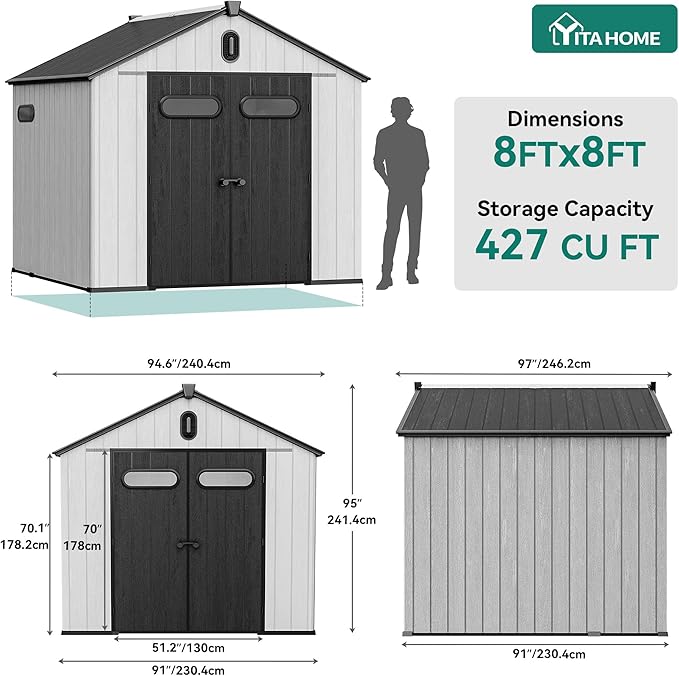 YITAHOME 8x8ft Outdoor Plastic Storage Shed with Floor, Extra Thick Waterproof Garden Shed with Lockable Door, Oval Vision Windows &Vents, 16mm Heavy Duty Tool Storage for Patio, Lawn, Bikes, Gray