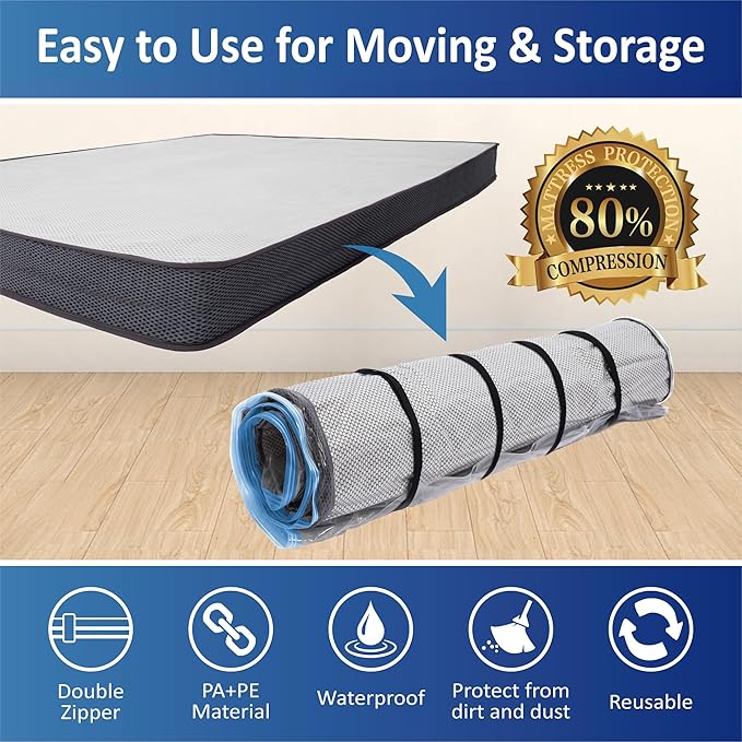 Storage Logic Twin/Twin-XL Foam Mattress Vacuum Bag with Blue Zipper, Vacuum Seal Mattress Bag, Straps Included