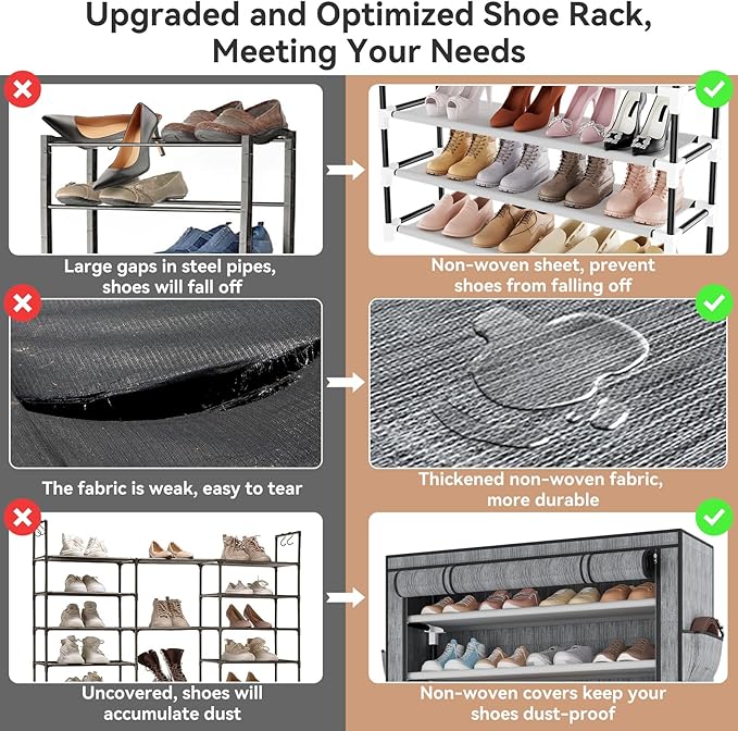 Shoe Rack with Covers 10 Tier Tall Shoe Rack Organizer Large Capacity Shoe Shelf Storage 40 Pairs Space Saving Free Standing Shoe Storage Organizer for Closet, Entryway, Dorm, Printing