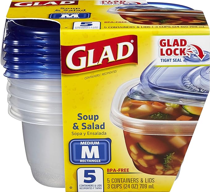 Glad GladWare Medium Rectangle Food Storage Containers with Lids, Airtight Leak-Resistant Plastic Containers for Soup Salad Meal Prep, Microwave Dishwasher Freezer Safe, 24 Oz, 5 Count - 6 Pack