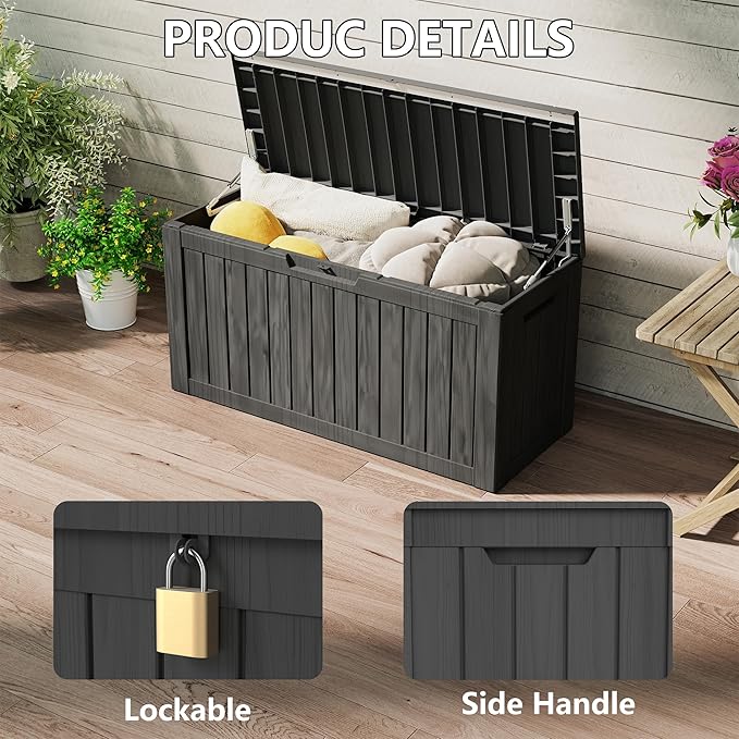80 Gallon Outdoor Storage Box Waterproof, Resin Deck Boxes with Lockable Lid & UV-Resistant for Patio, Pool, Garden Furniture Cushions & Accessories, Black