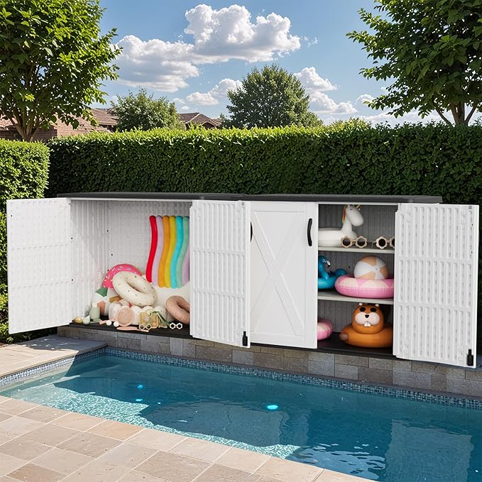 Greesum Outdoor Storage Cabinet, 25 CUFT Deck Box Without Shelves, Waterproof Plastic Storage Shed for Patio Cushions, Gardening Tools, Lockable and Sidehandles, UV Resistant, White