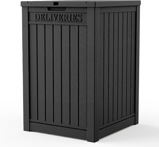 EasyUp Outdoor Package Delivery Box, 55-Gallon Lockable Parcel Drop Box, Large Double-Walled Resin Weatherproof Storage Deck Box for Porch and Patio (Black)