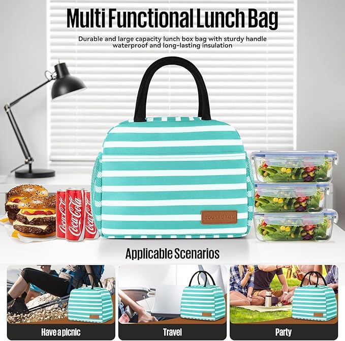 Lunch Bag Women/Men Lunch Box Women/Men (Baby blue+White Stripes)