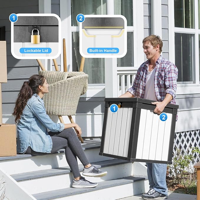 EasyUp 50 Gallon Outdoor Storage Box, Resin Waterproof UV-Resistant Deck Box, Reinforced Stability for Patio, Garden, and Poolside, Striped Black & White