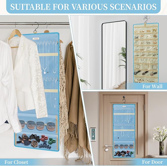 GMAK Hanging Jewelry Organizer with Hanger Metal Hooks, Double-Sided Jewelry Holder Accessories Organizer Storage Roll for Jewelry, Earrings, Bracelets, Necklaces, Rings - Light Blue