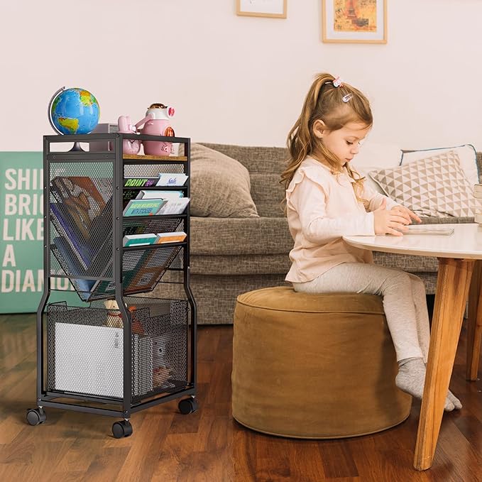 8 Tier Rolling File Cart with Hanging File Folder Organizer, Mobile File Organizer with 2 Sides Access Bookcase, Beside/Under Desk Cart with Wheels for Office Home School