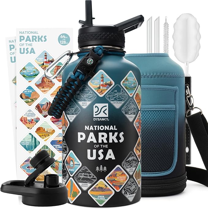 National Parks Water Bottle – 64 oz Insulated Stainless Steel Bottle with 63 Hand-Drawn Park Stickers, Carrier Bag, Strap & Gift Box – BPA-Free – Ideal for Hiking, Camping & Travel