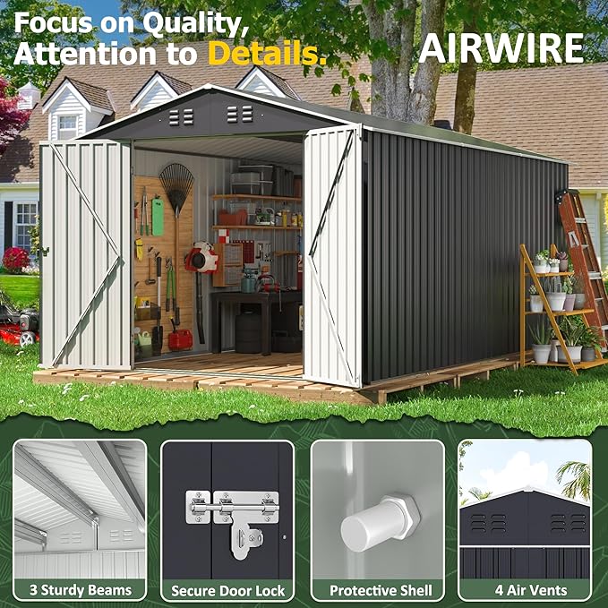 8x12 FT Outdoor Storage Shed, Garden Shed with Updated Frame Structure and Lockable Doors, Metal Tool Sheds for Backyard Garden Patio Lawn, Grey