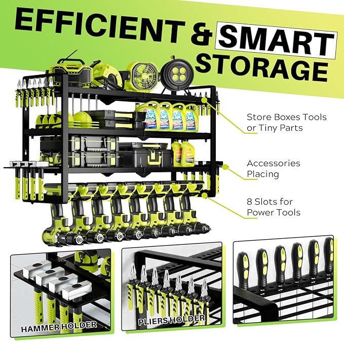 Power Tool Organizer Wall Mount - Storage Rack with 4 Drill Holders for Drills Cordless Tools. Heavy Duty Iron Garage Tool Organizer Storage for Workshop Shed (8 Slots 4 Layers 4)