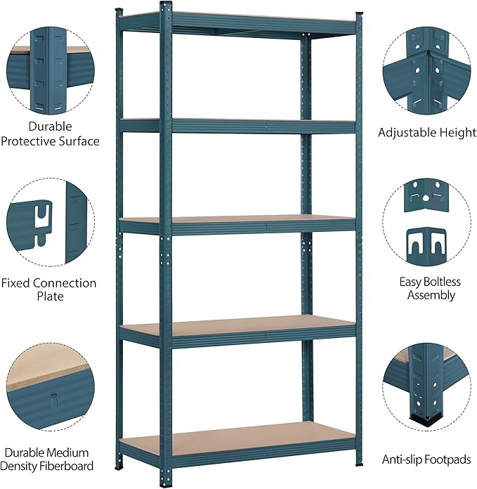 Topeakmart 5-Tier Utility Shelves, Metal Storage Shelves Garage Shelving Unit Adjustable Garage Storage Shelves Storage Racks Heavy Duty Shed Shelving- Neptune Blue, 35.5 x 16 x 71 Inch