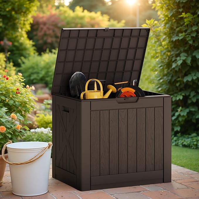 Greesum 40 Gallon Outdoor Deck Box with Lock, Resin Storage Chest for Patio Furniture Cushions, Garden Tools, Pool Toys, Waterproof & UV Resistant, Large Capacity, Dark Brown