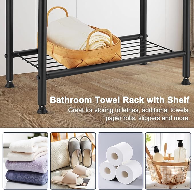 Free Standing Towel Rack, 2 Tier Towel Racks for Bathroom with Storage Shelves, Modern Outdoor Standing Towel Drying Rack for Poolside, Black Blanket Rack Holder, DECLUTTR