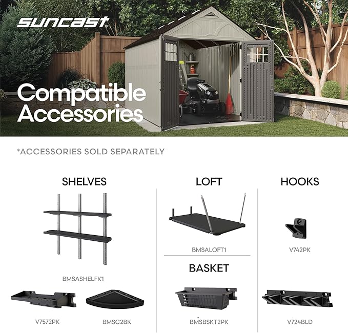 Suncast 8x10 Ft. Outdoor Storage Shed - Large Resin Outdoor Shed with Floor Included, Lockable Double Doors & Skylights. 547 Cu Ft Tremont Garden Resin Sheds for Lawn Tools, Riding Mowers, & Bikes