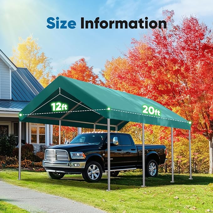 ADVANCE OUTDOOR Replacement Top Cover Tarp for 12x20 ft Carport Canopy with Ball Bungees, Green, One Roof Only