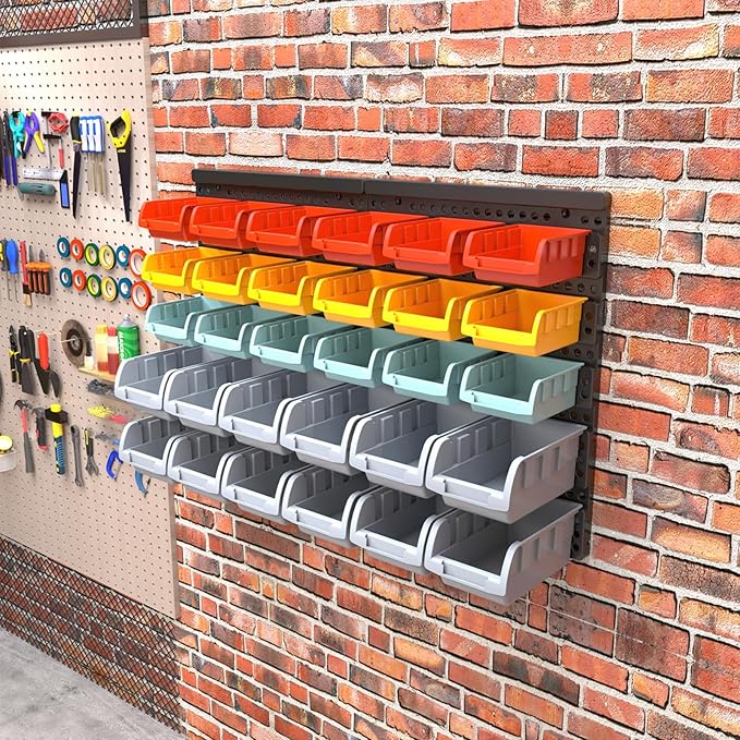 Wall Mounted Storage Bins Parts Rack 4 Colors Bin Organizer Garage Plastic Shop Tool, Garage Organizers and Storage (Style-Serene) 25.2"*16.2"