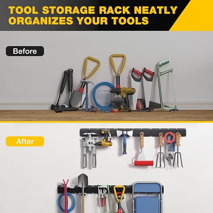 Garage Tool Organizer Wall Mount with 96 inches Rails and 13 Adjustable Heavy-Duty Hooks, Garden Tool Organizer, 19 Pack Carries 820 lbs, Heavy Duty Garage Storage Rack For Yard, Shed, Easy to install