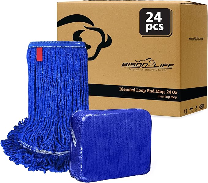 KLEEN HANDLER Blended Loop End Heavy Duty Mop Head Replacement, Wet Mop Refills for Industrial and Commercial Use, Dark Blue, 24 Oz (24-Pack)